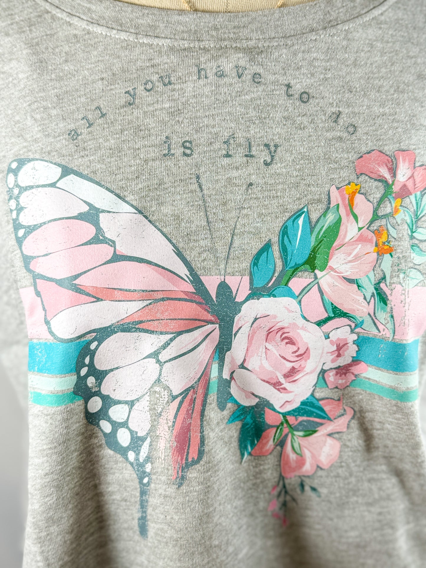 Butterfly Away Cropped Graphic Tee (Light Heather Grey)