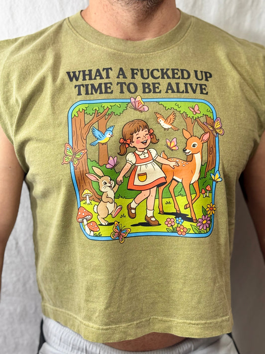 Fucked-up Time to be Alive Boxy Heavyweight Muscle Tee (Faded Army)