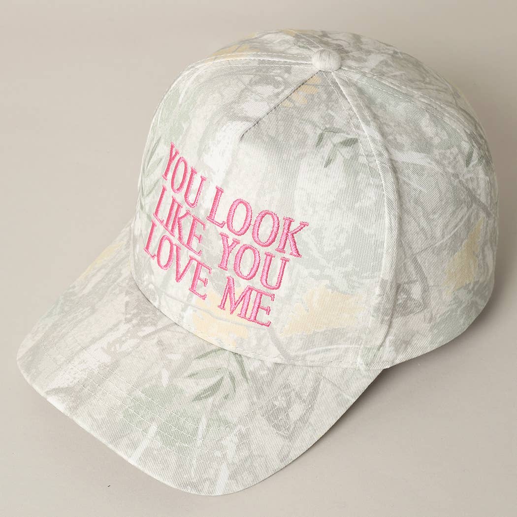 You Look Like You Love Me Embroidery Trucker Hat (White Out Camo Pink)