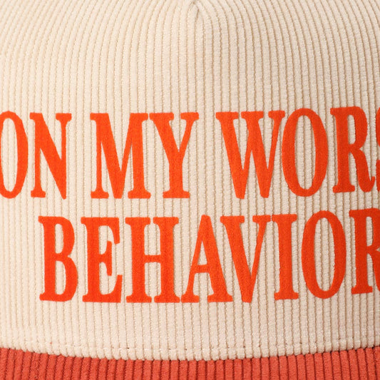 ON MY WORST BEHAVIOR Corduroy Trucker Hat (New Rust Baby)