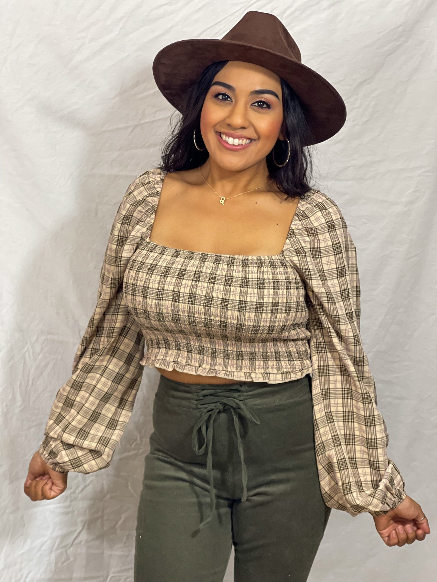 Radley Square Neck Smocked Crop Top (Mocha Plaid)