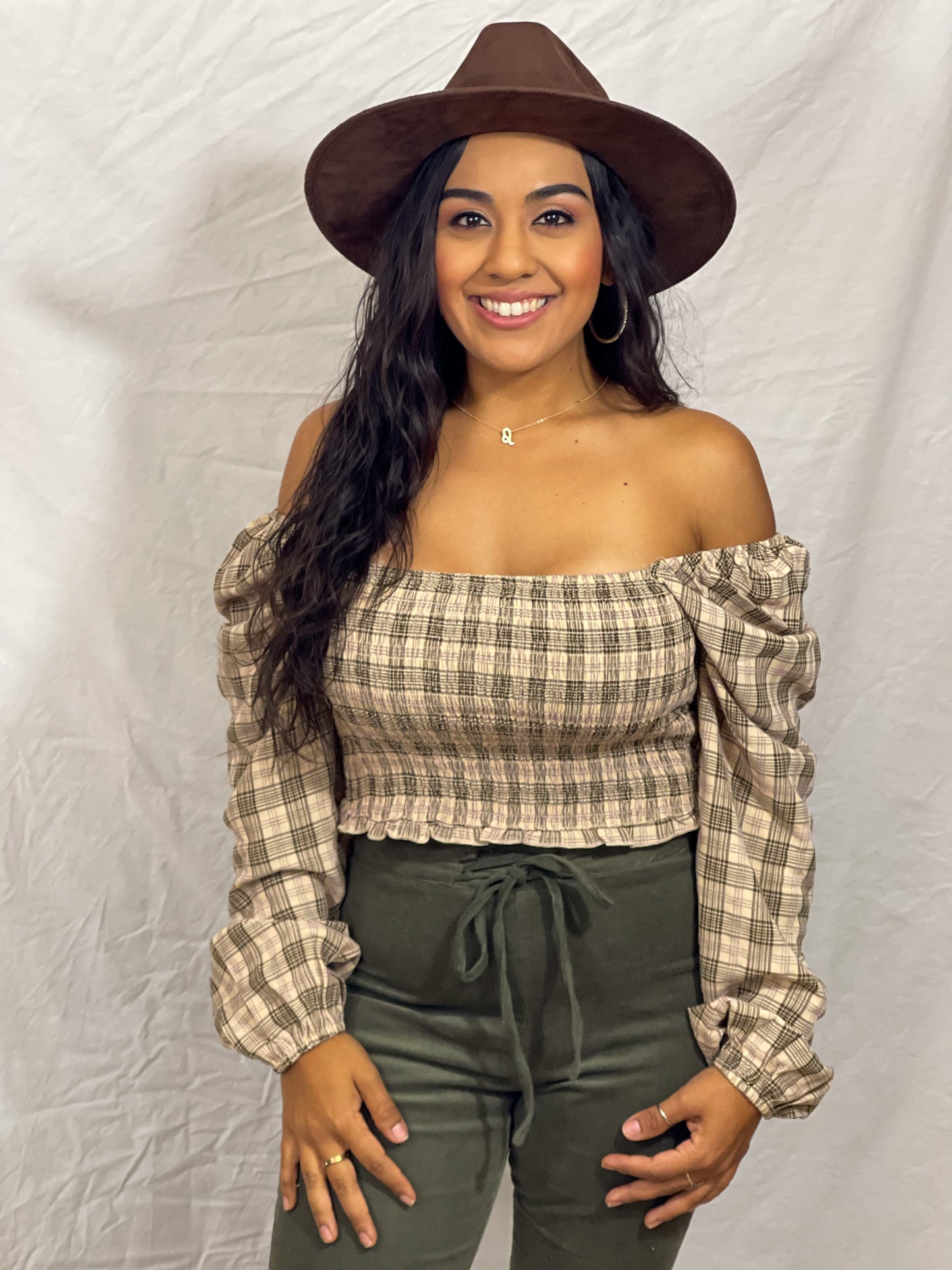 Radley Square Neck Smocked Crop Top (Mocha Plaid)