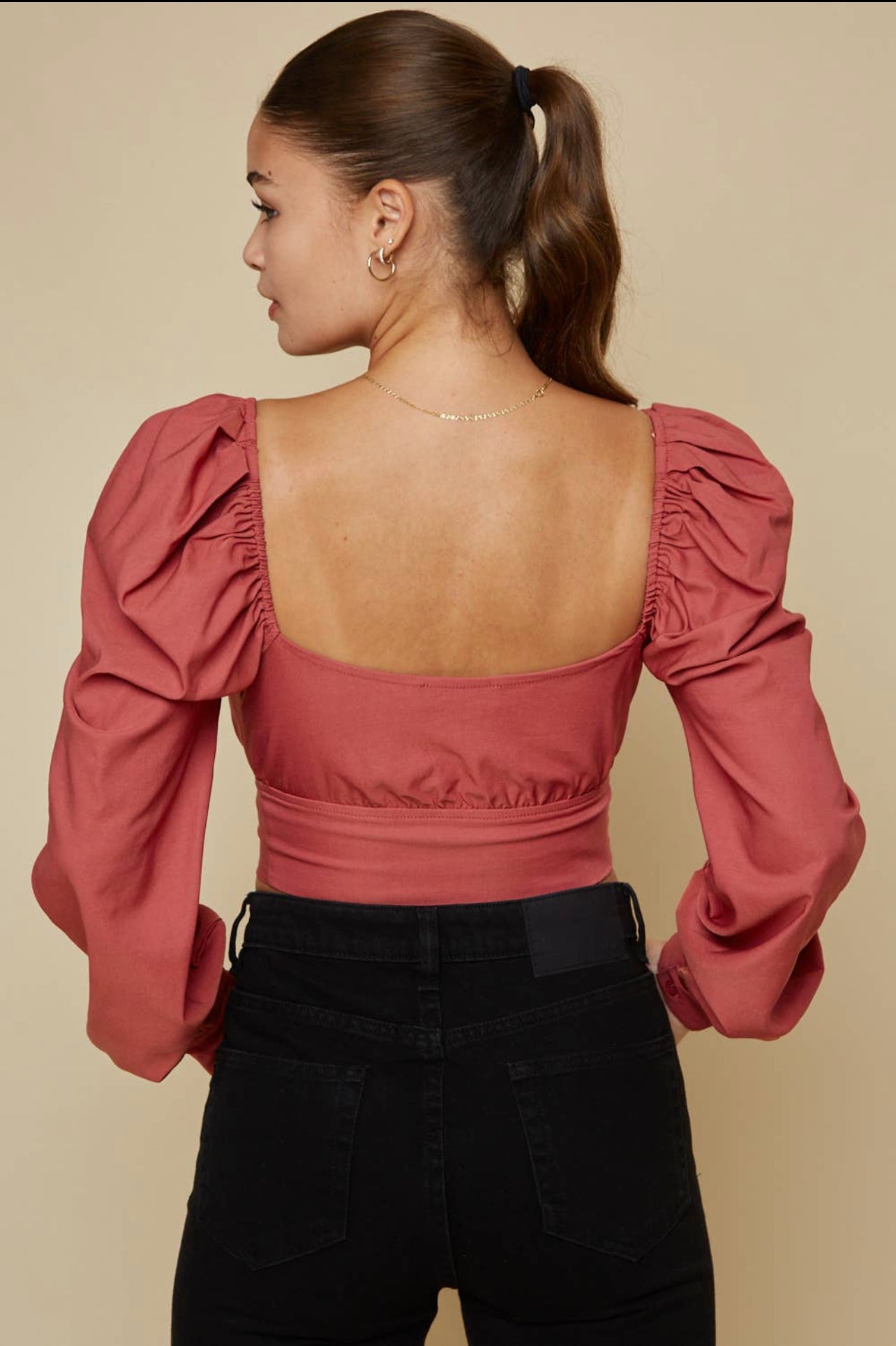 Linden Tie-Front Princess Sleeve Crop Top (Dark Rose)