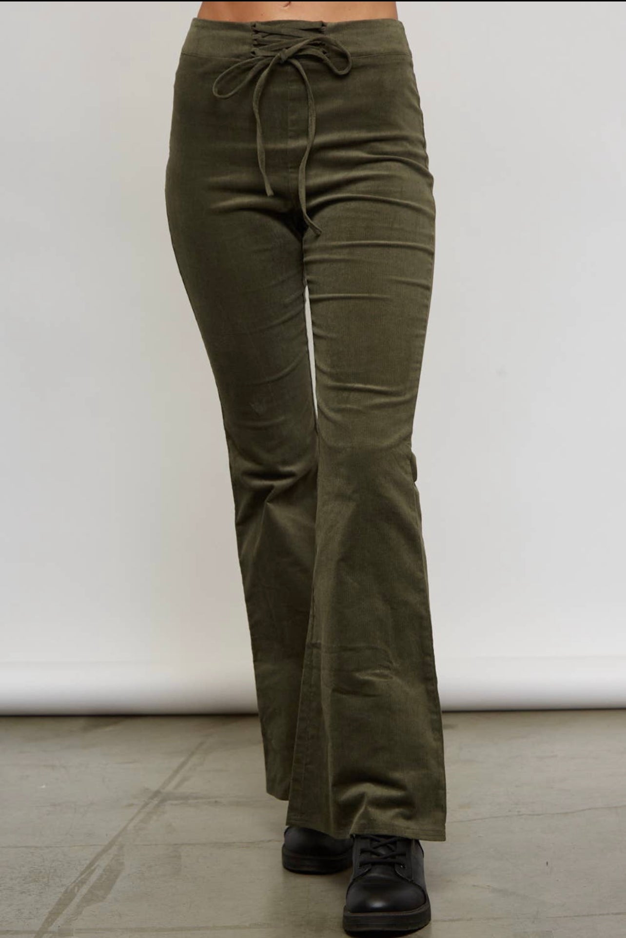 Indie Waist Lace Corduroy Flare Pant (Olive Green)