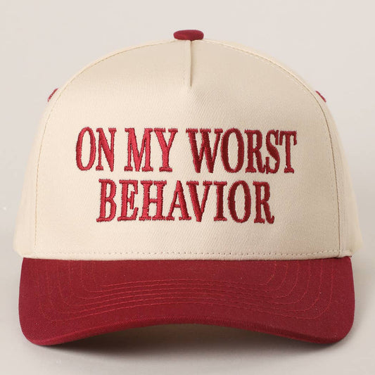 ON MY WORST BEHAVIOR Embroidered Trucker Hat (Burgundy)