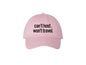 Can't Host. Won't Travel. Embroidered Beanie (Powder Pink)