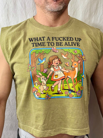 Fucked-up Time to be Alive Boxy Heavyweight Muscle Tee (Faded Army)