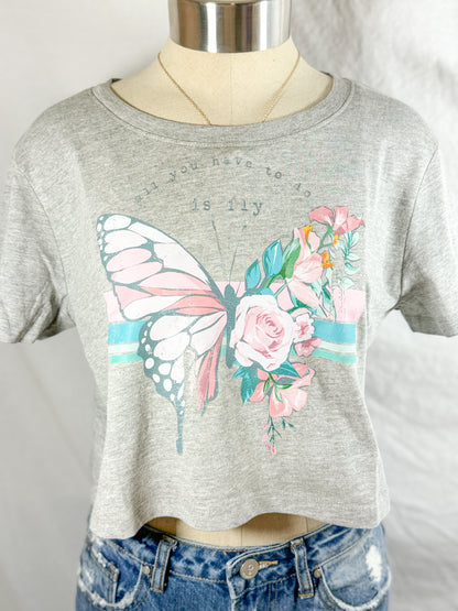 Butterfly Away Cropped Tee (Light Heather Grey)