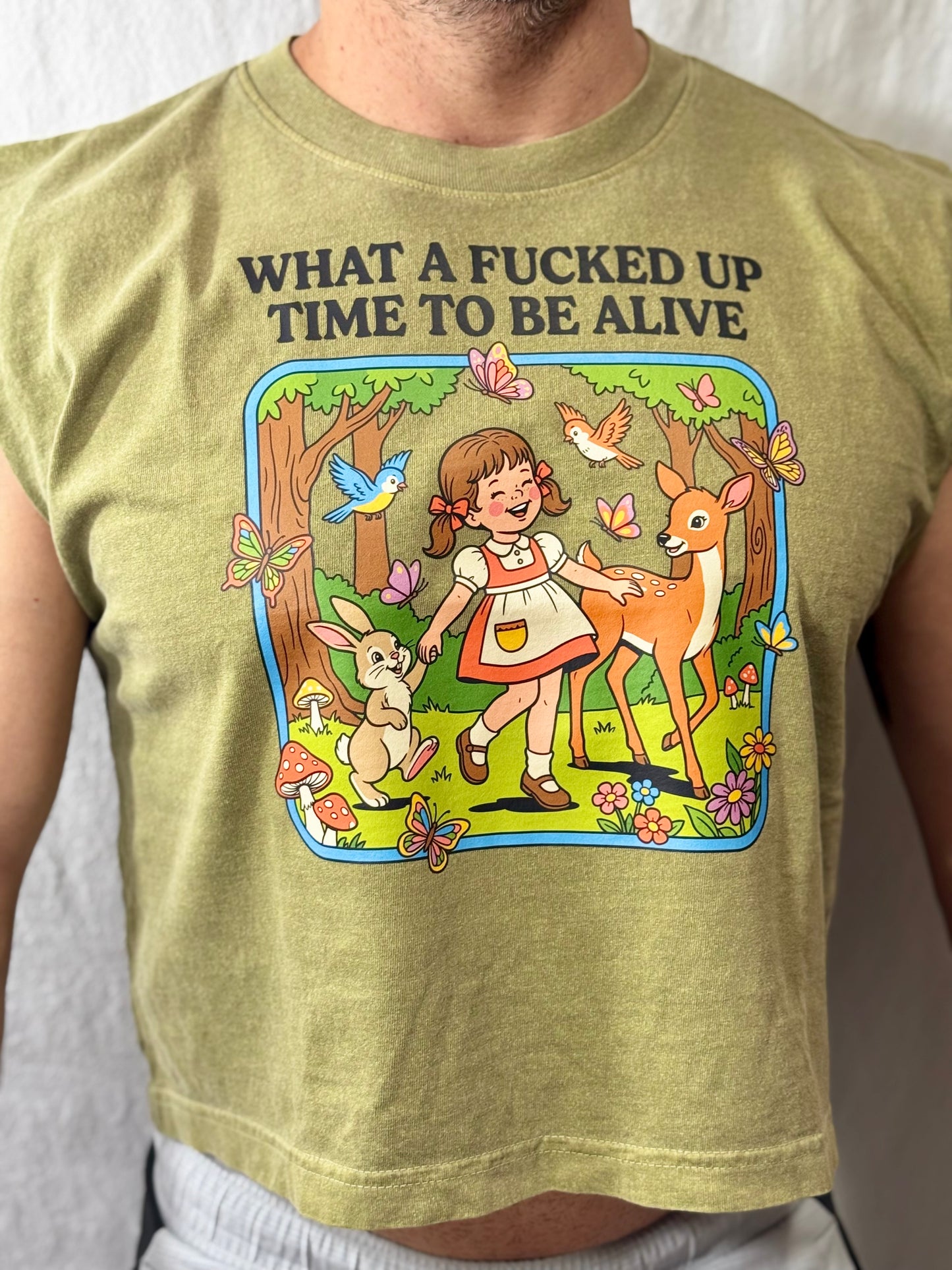 Fucked-up Time to be Alive Boxy Heavyweight Muscle Tee (Faded Army)