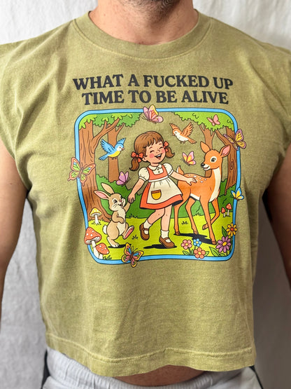 Fucked-up Time to be Alive Boxy Heavyweight Muscle Tee (Faded Army)