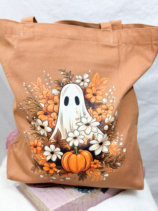 Ghostie in a Floral Field Multi-Pocket Tote Bag