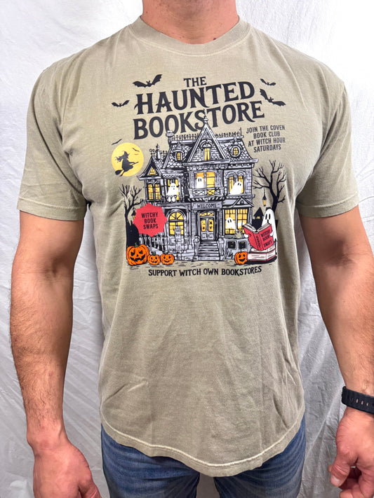 The Haunted Bookstore Comfort Colors Graphic Tee (Haunted Green)
