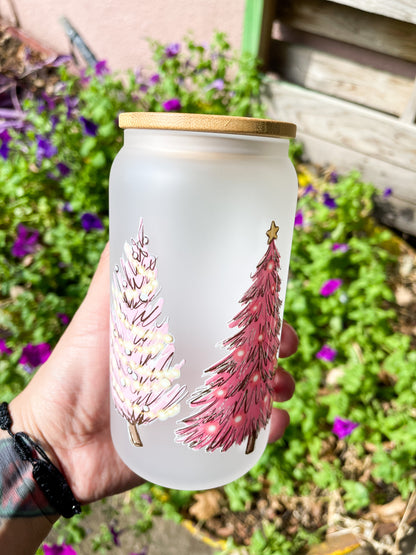 Pink Christmas Tree Glass Tumbler - 16oz