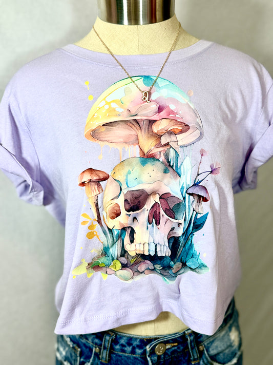 Mushrooms, Skulls, Mental Health Cropped Graphic Tee (Iris)