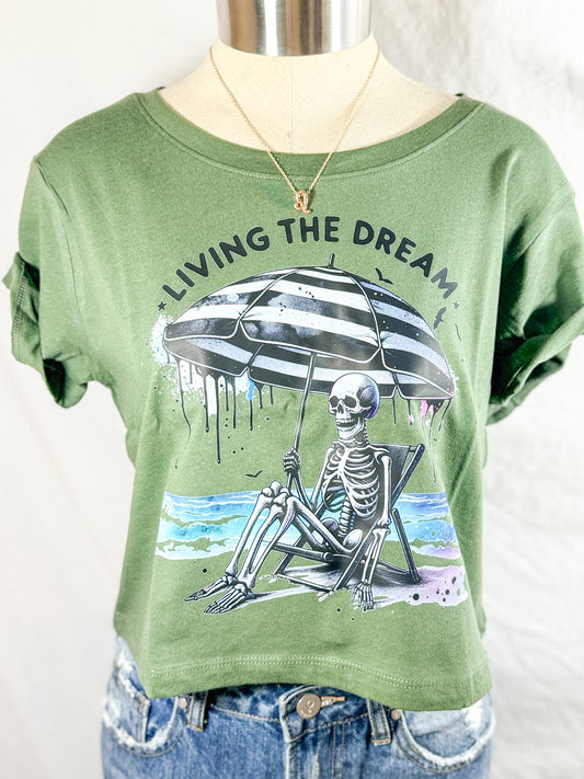 Living The Dream Cropped Graphic Tee (Olive Green)