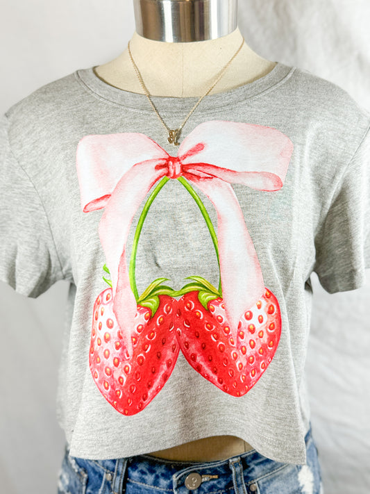 Coquette Strawberries & Bows Cropped Tee (Light Heather Grey)