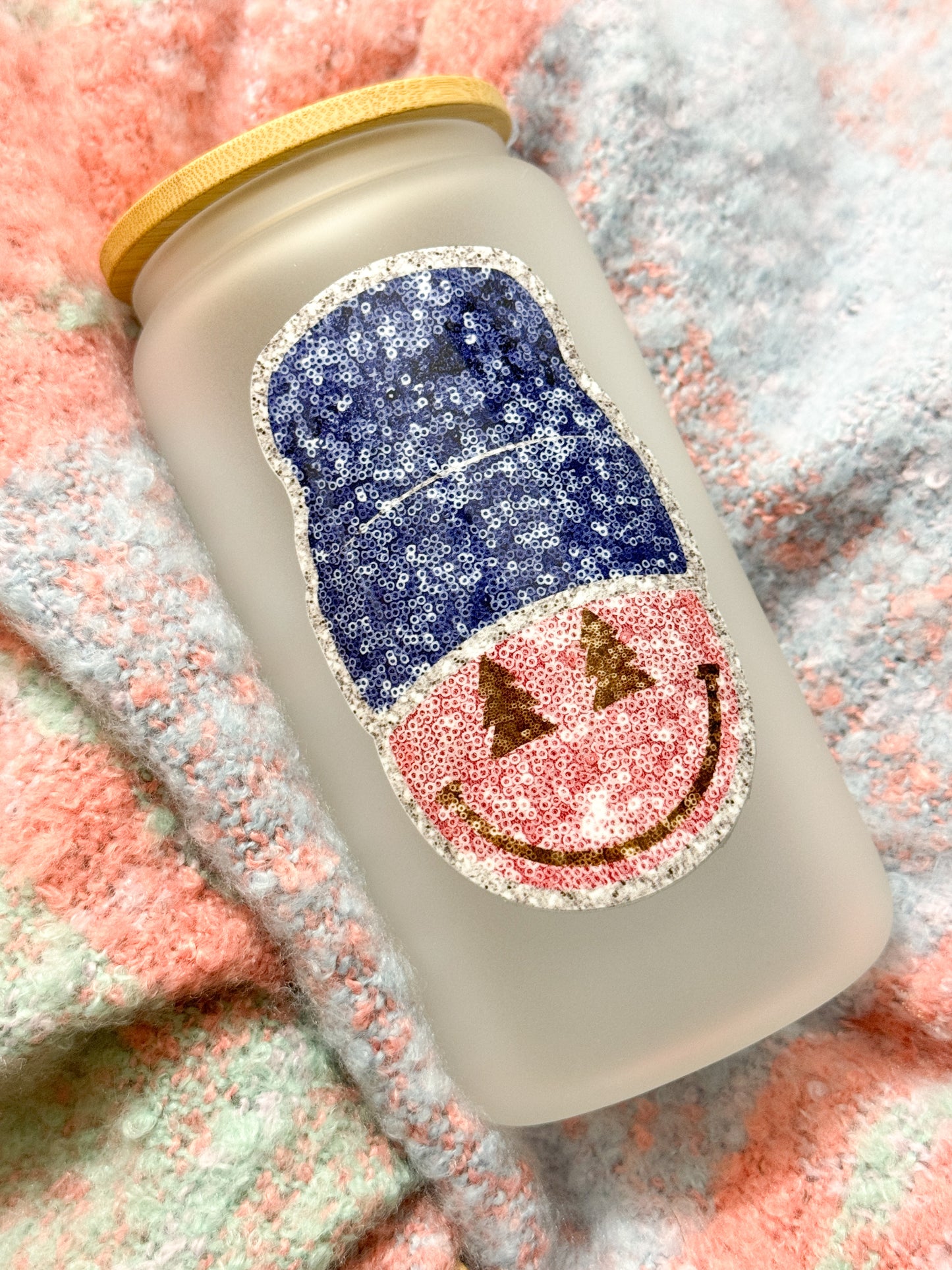 Glitter Beanie Happy Face Glass Tumbler