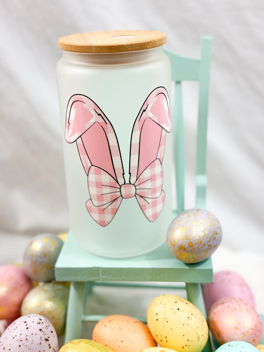 Pink Plaid Bunny Ears Glass Tumbler - 16oz