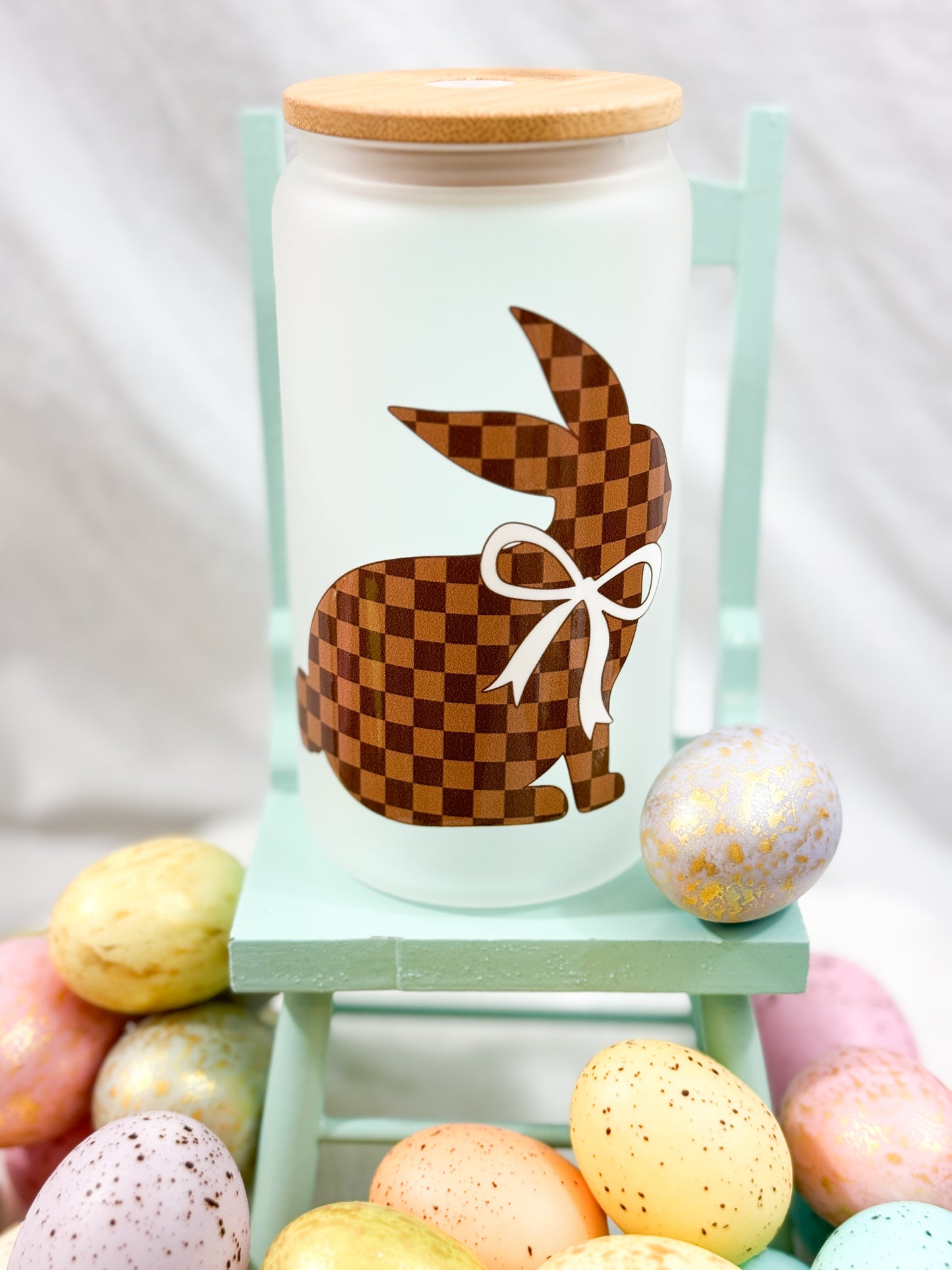 Checkered Brown Bunny Glass Tumbler - 16oz