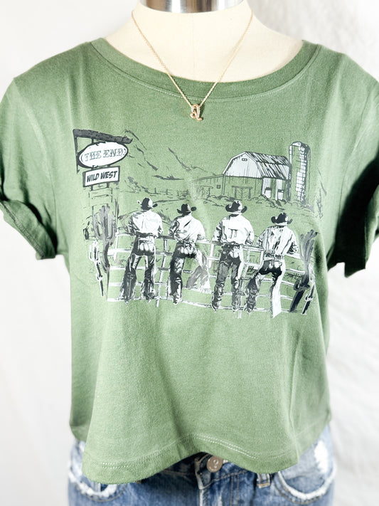 Wild West Cowboys Cropped Graphic Tee (Olive Green)