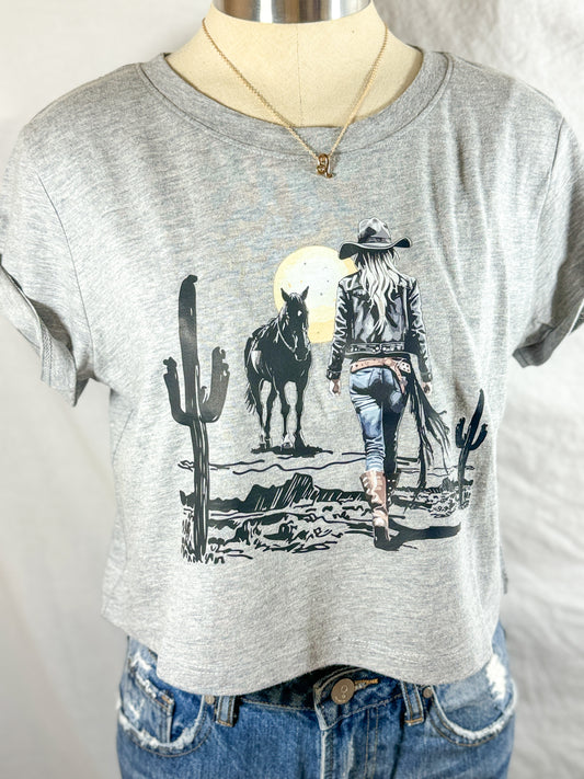 Wild West Cowgirl Cropped Graphic Tee (Light Heather Grey)