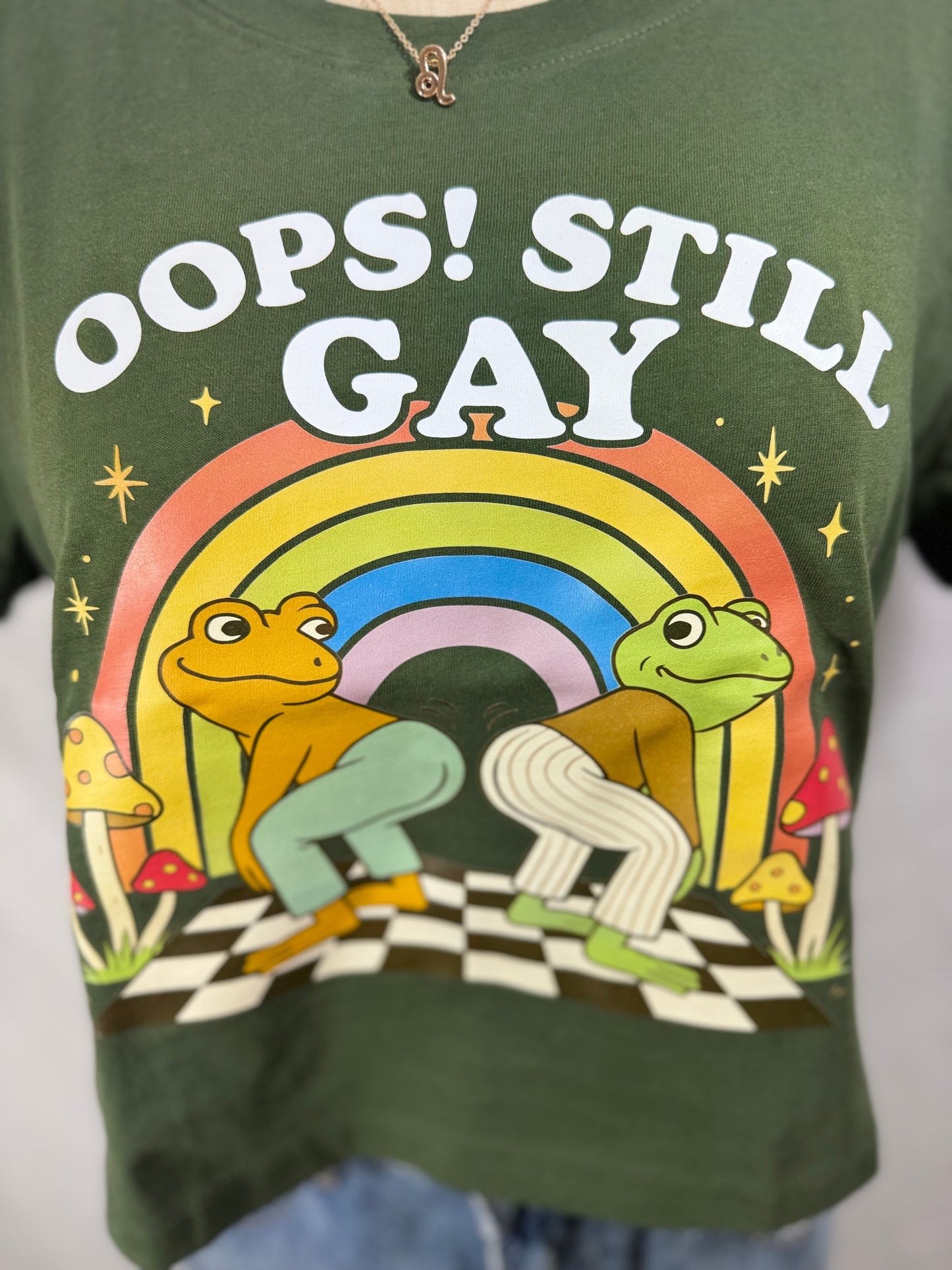Oops! Still Gay Cropped Graphic Tee (Emerald City)