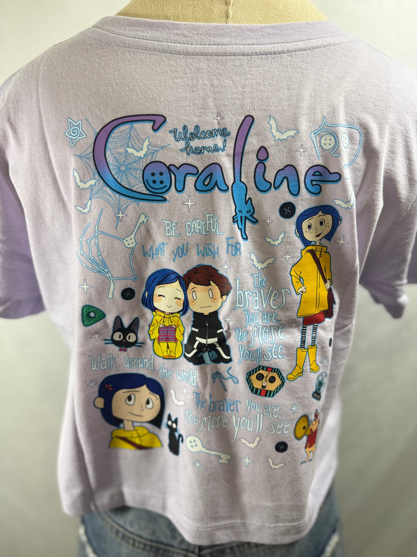 Spooky Coraline Cropped Graphic Tee (Lavender Dust)