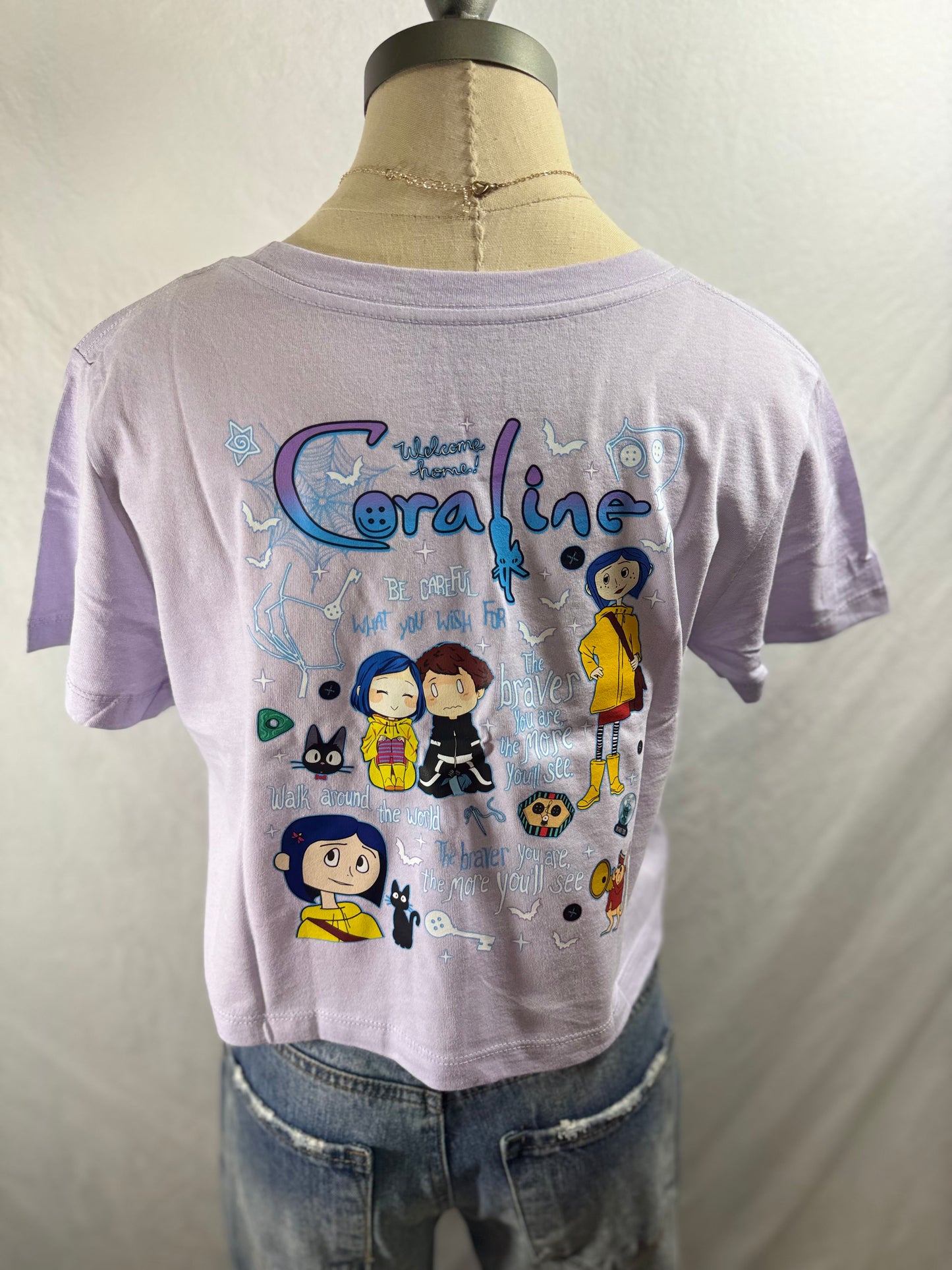 Spooky Coraline Cropped Graphic Tee (Lavender Dust)
