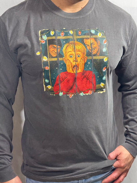 Home Alone Comfort Colors Graphic Long Sleeve Tee (Charcoal)