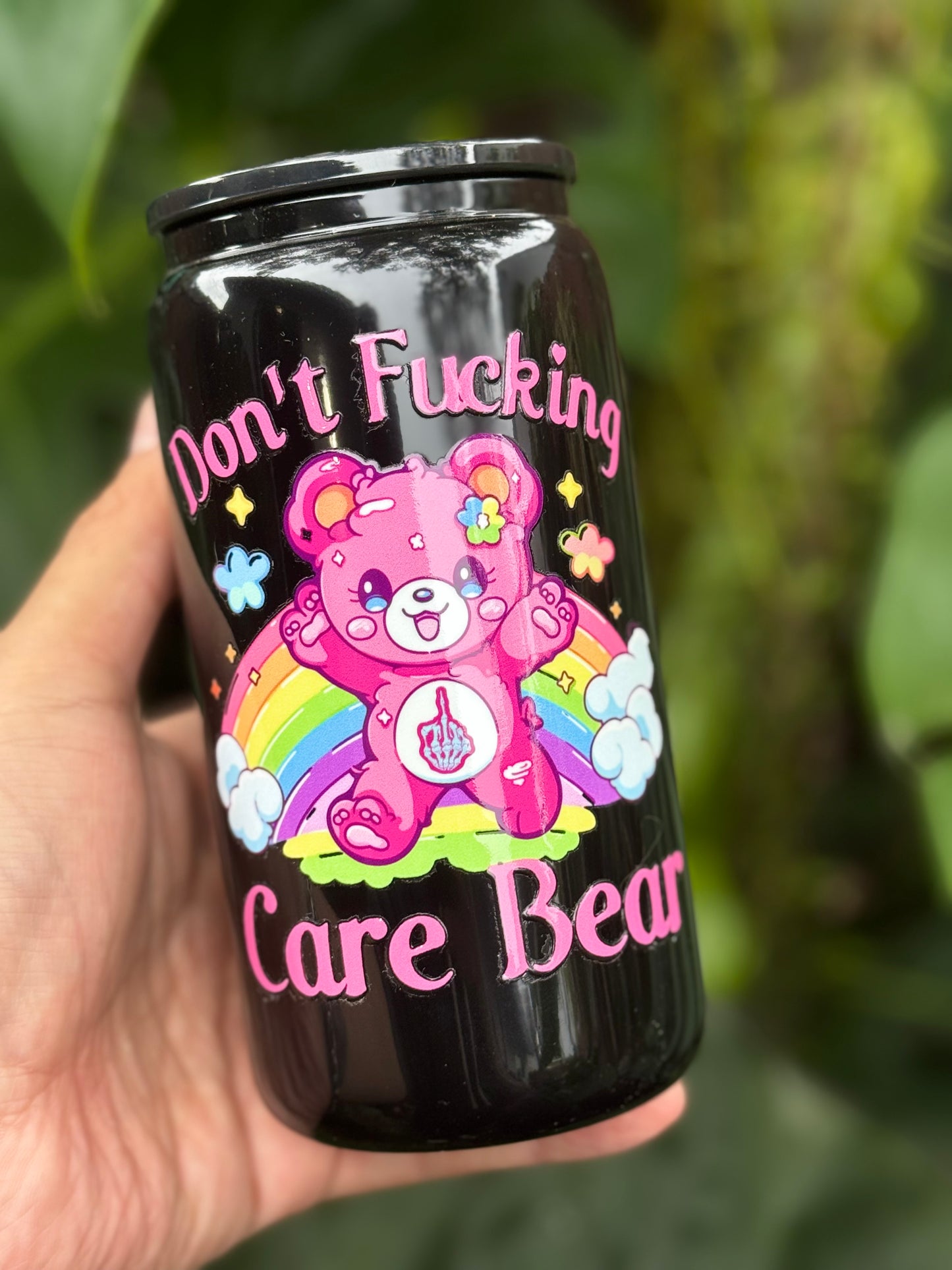 Don't F-- Care Bear Glass Tumbler - 16oz (Pitch Black)