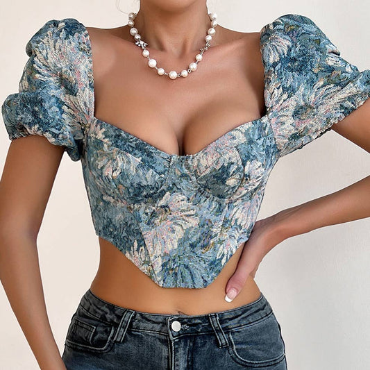 Princess Sleeve Floral Madame Corset Top (Blue Floral)