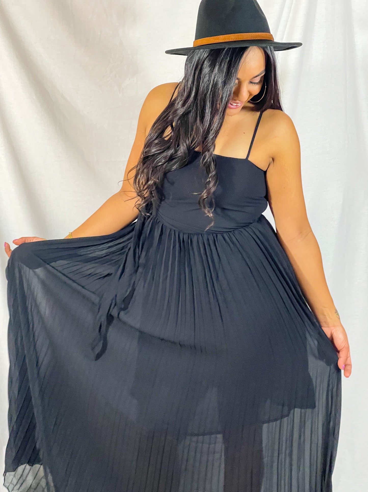 Make Him Wait Pleated Maxi Dress (Peppercorn Black)