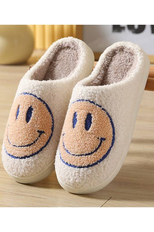 Smiley Face Fleece Slippers (Pale Yellow/Navy)