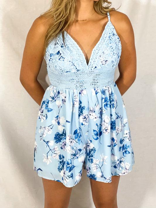 Summer Breeze Tie-Back Lace Romper (Robin’s Blue)