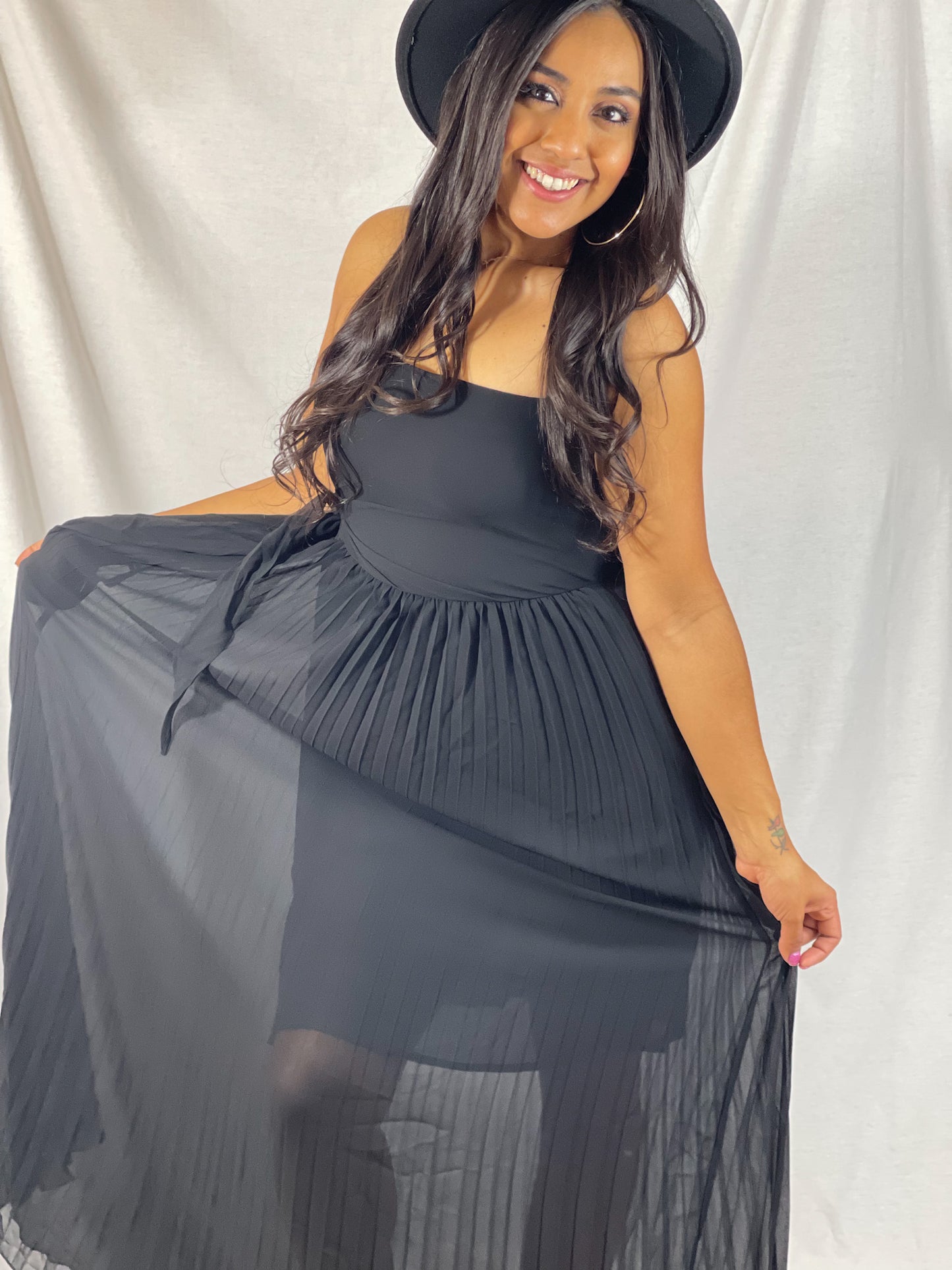 Make Him Wait Pleated Maxi Dress (Peppercorn Black)