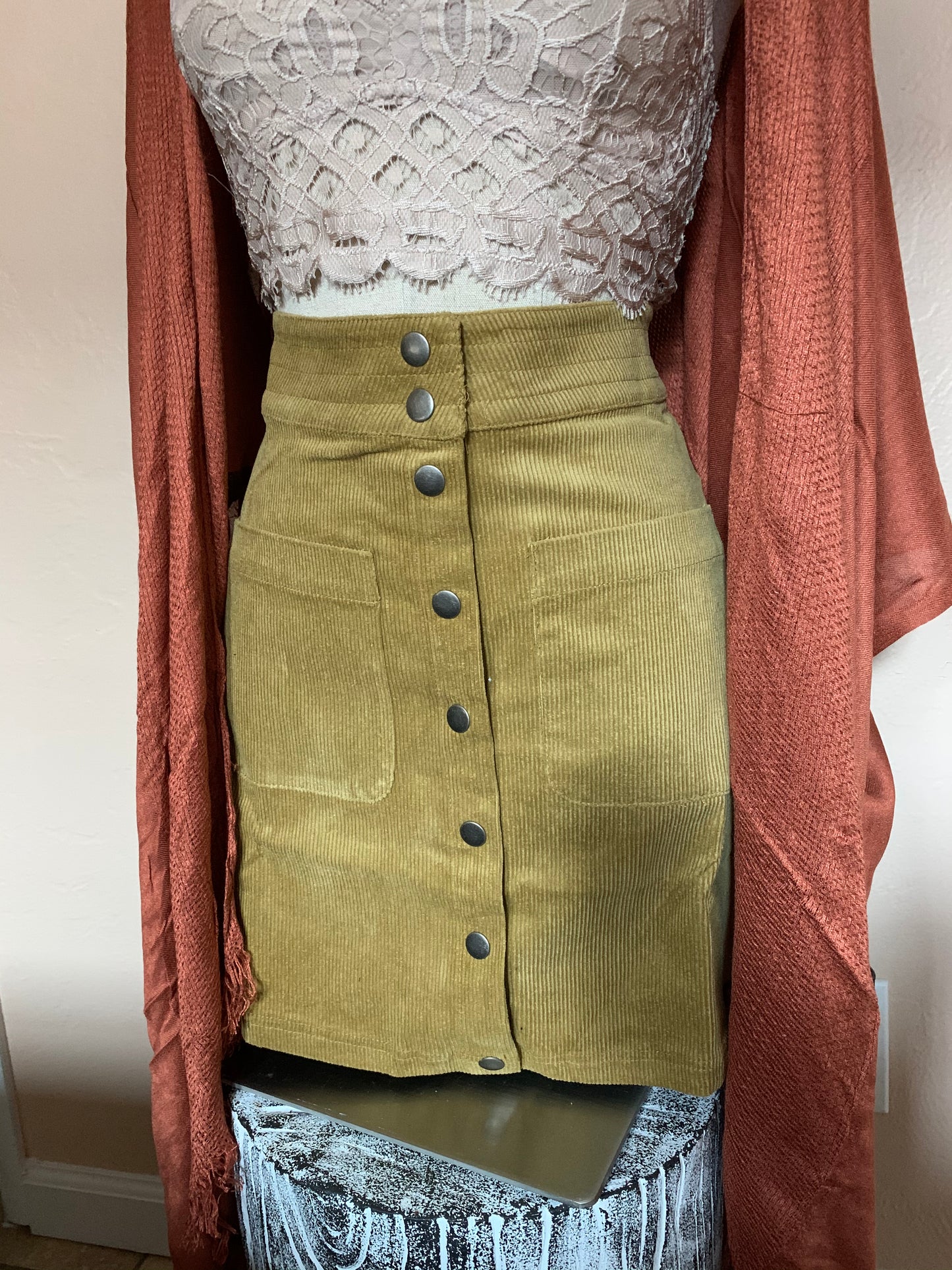 Corduroy Button-Down Skirt (Golden Mustard)