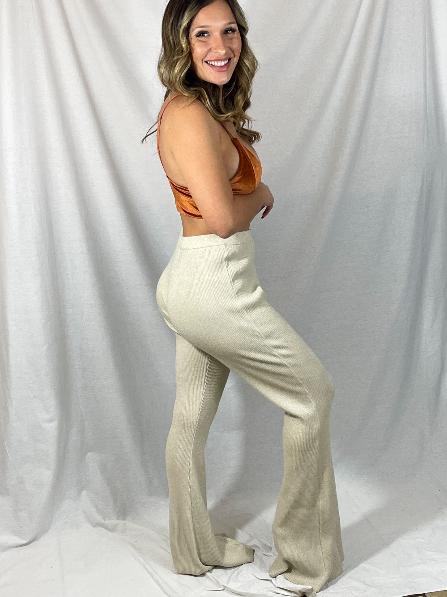 Lurex Ribbed Flare Pant (Tan/Gold)