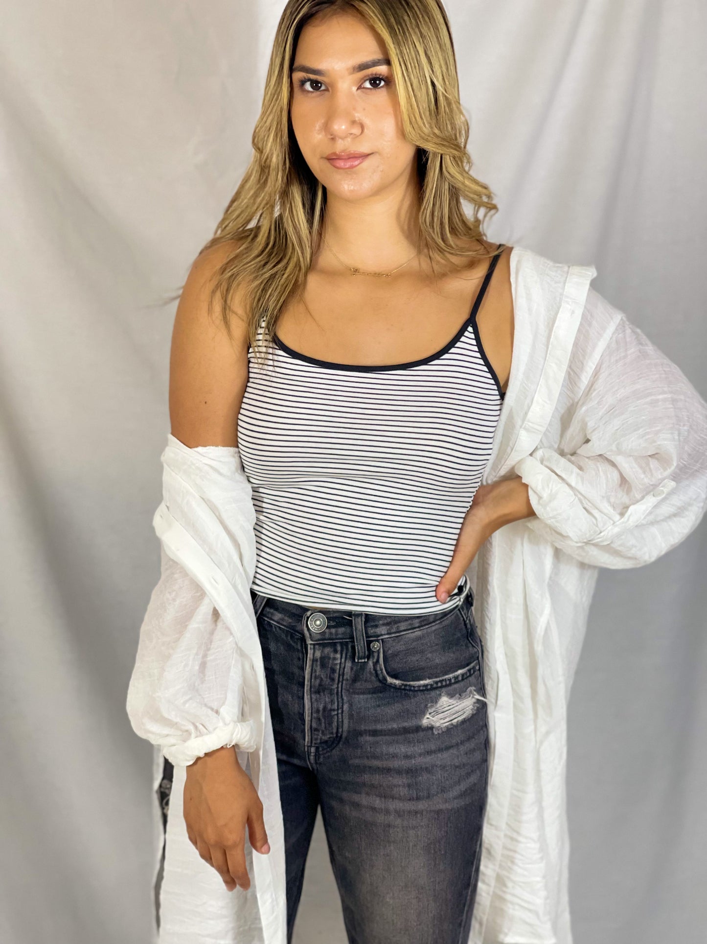 Lettuce Hem Crop Cami (White Stripe)