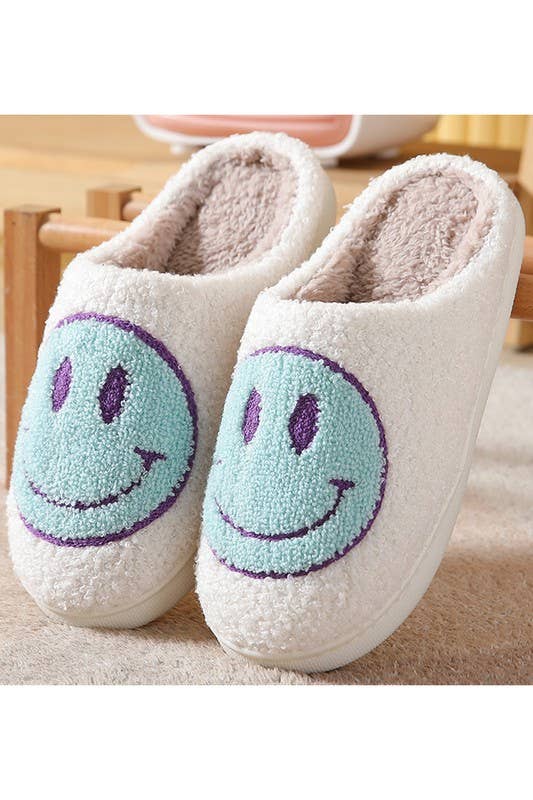 Smiley Face Fleece Slippers (Light Blue/Purple)