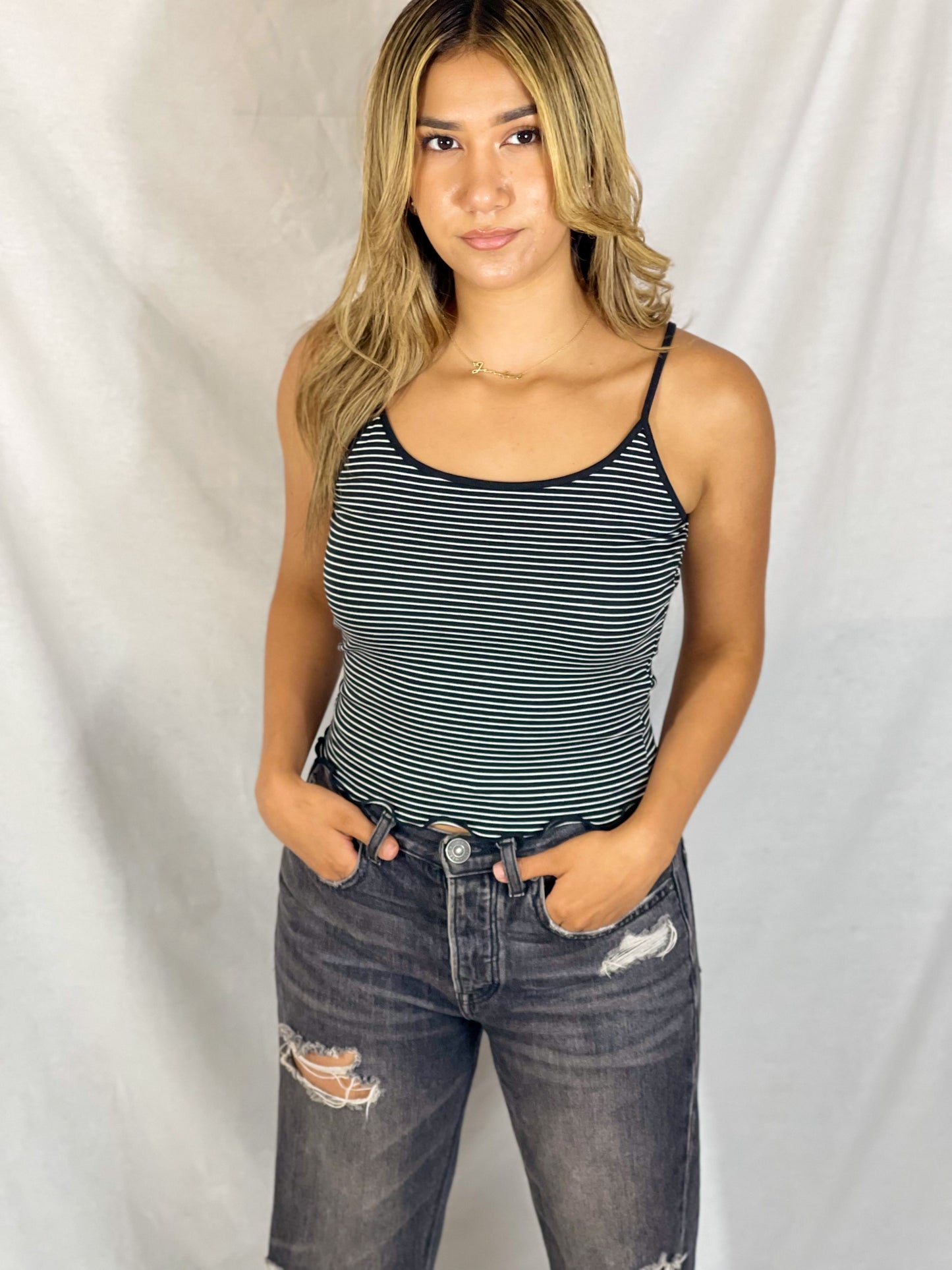 Lettuce Hem Crop Cami (Black Stripe)