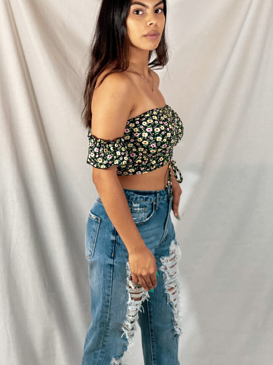 Brigette Off Shoulder Crop (Black Floral)