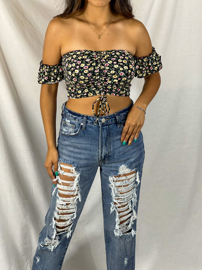 Brigette Off Shoulder Crop (Black Floral)