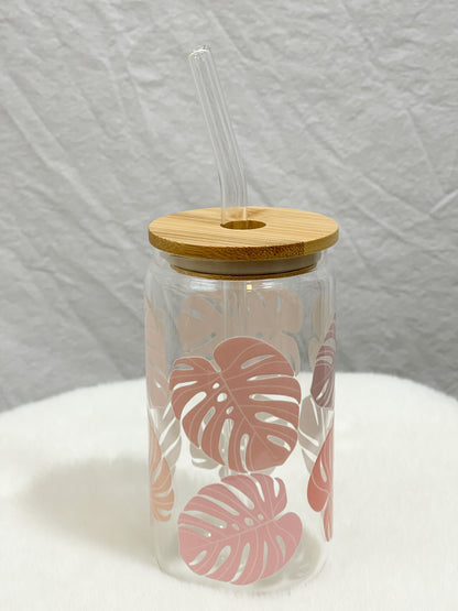 Pink Pastel Monstera Glass Tumbler - 16oz