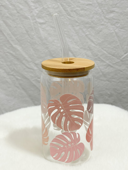 Pink Pastel Monstera Glass Tumbler - 16oz