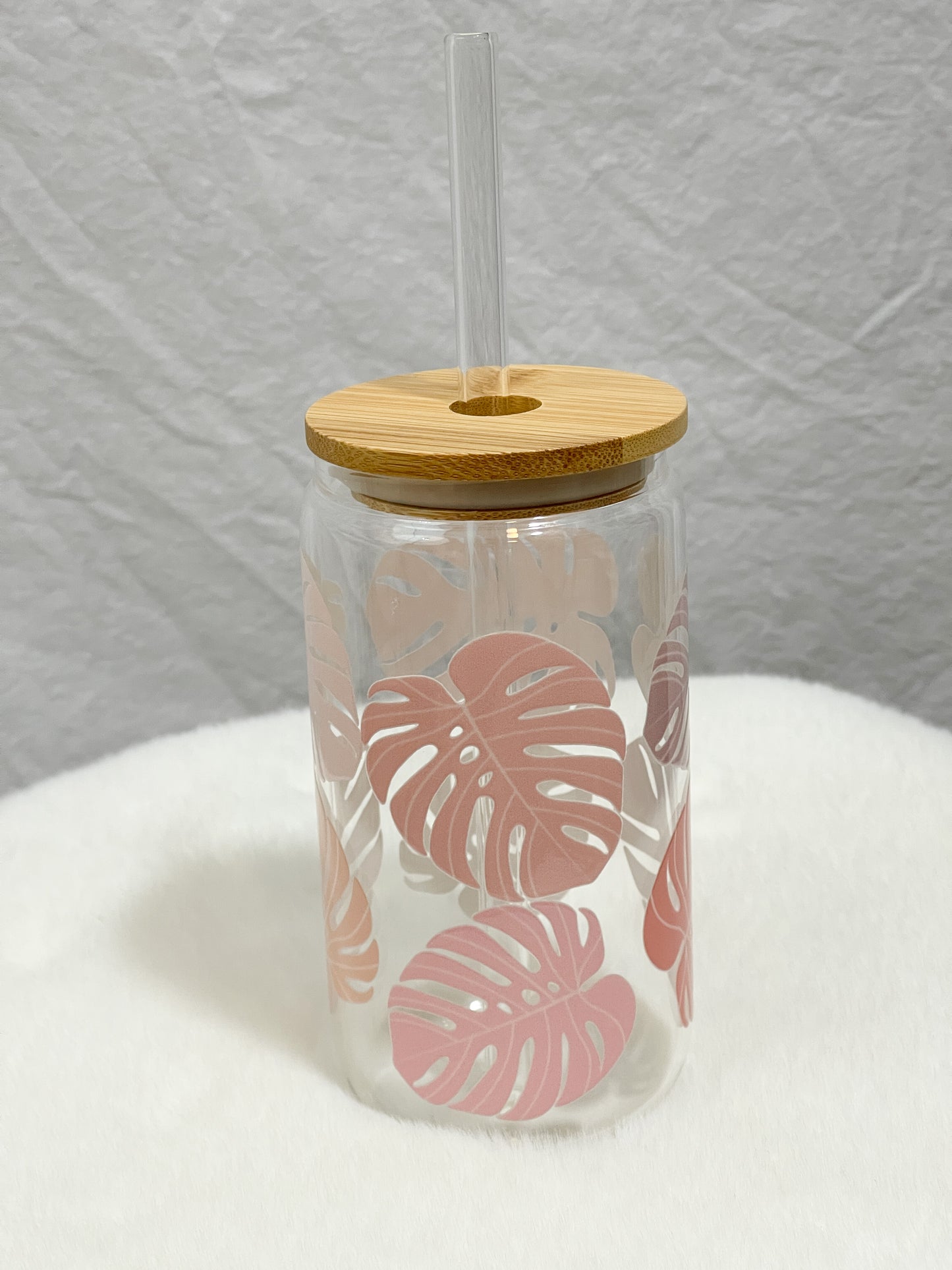 Pink Pastel Monstera Glass Tumbler - 16oz