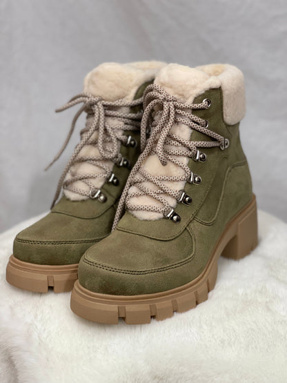 Saffi Chunky Heel Sherpa Bootie (Khaki)