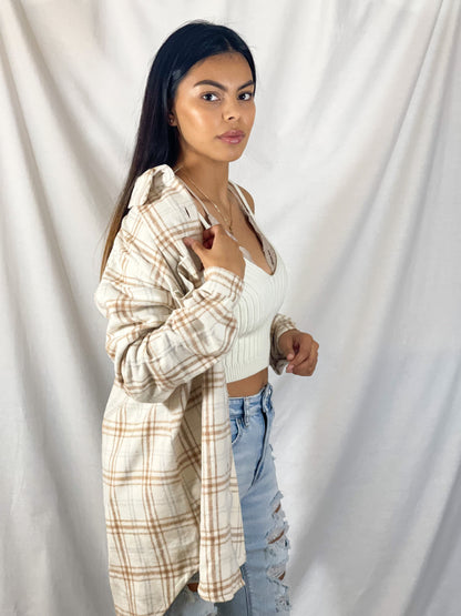 Finders Keepers, Oversized Flannel Shacket (Cream/Brown)