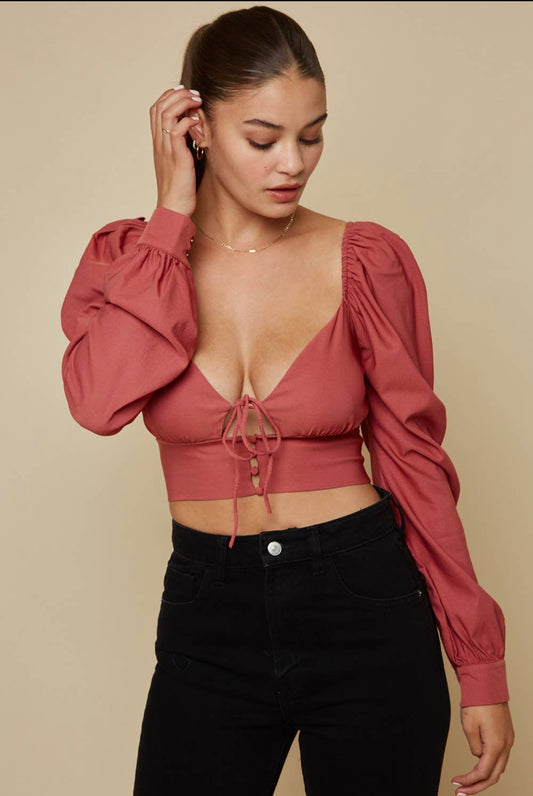 Linden Tie-Front Princess Sleeve Crop Top (Dark Rose)