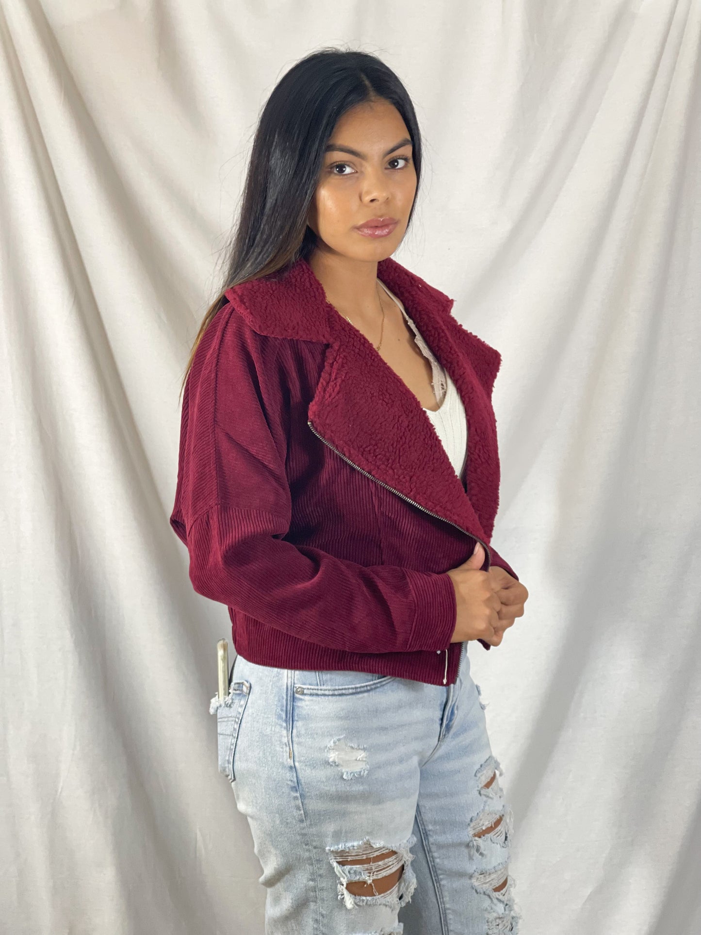 Tayla Side Zip Cord Jacket (Ruby Red Wine)