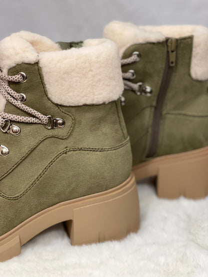 Saffi Chunky Heel Sherpa Bootie (Khaki)